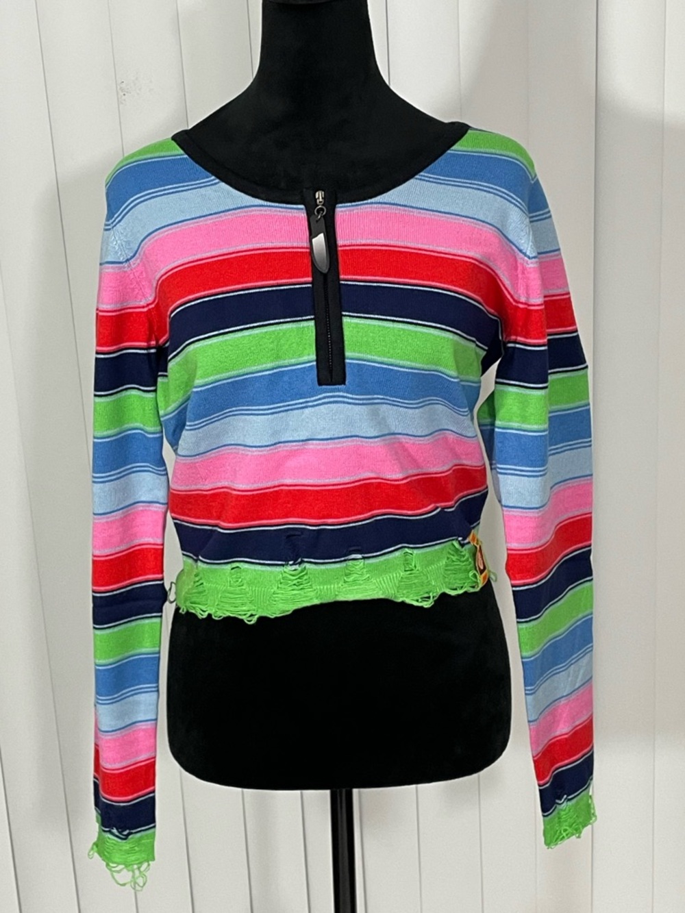 KILLSTAR x CHUCKY Good Guys Finish Last Distressed Rainbow Striped Crop Sweater